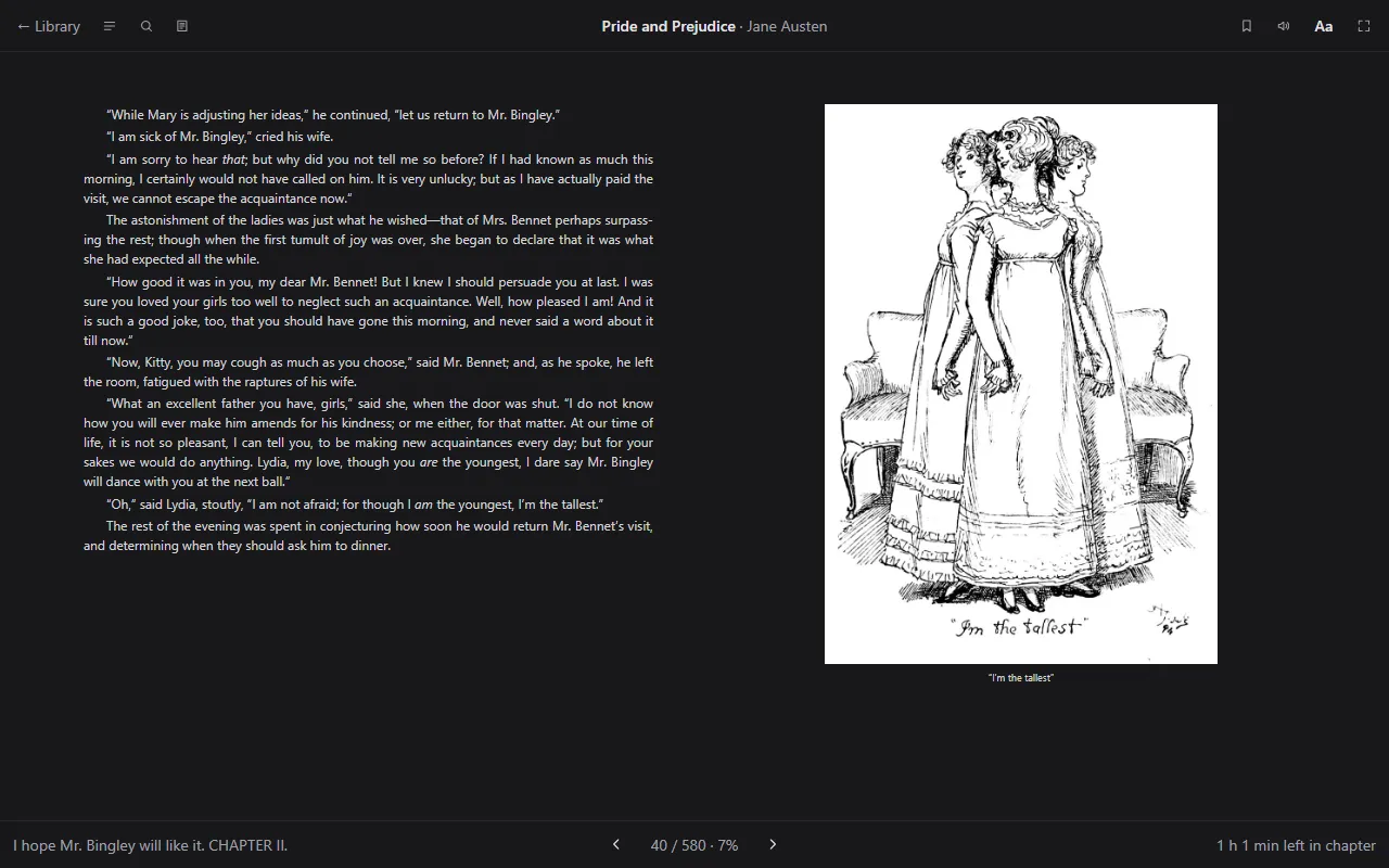 Readkave in dark mode with two columns