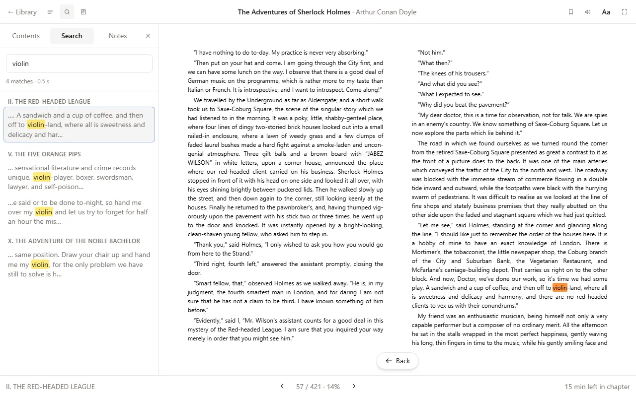 Full-text search in Readkave with every match marked